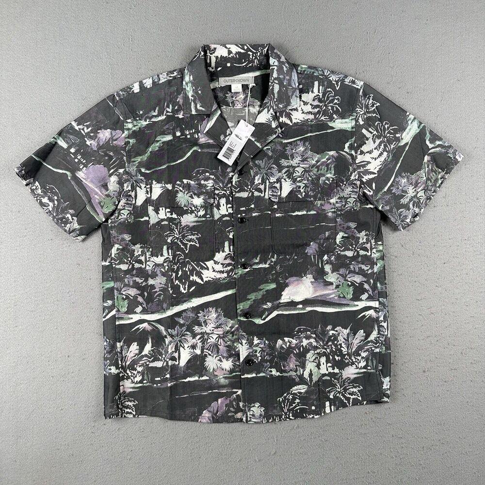 Outerknown Backyard Shirt‎ Men’s Small Pitch Black Oasis Palm Print Short Sleeve